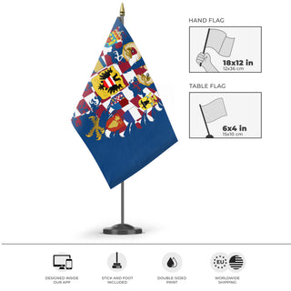 A mockup of the custom flag 'Holy Moravian Flag' as a desk flag and small hand waving flag