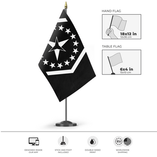 A mockup of the custom flag 'IDTHR flag' as a desk flag and small hand waving flag