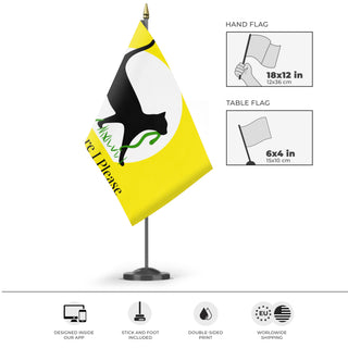 A mockup of the custom flag 'I'll Tread Where I Please flag' as a desk flag and small hand waving flag