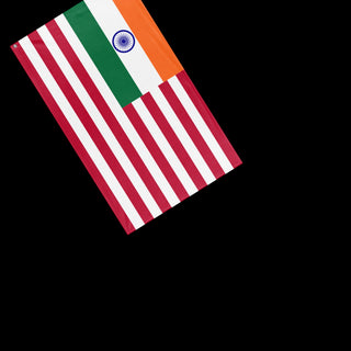 A mockup of the custom flag 'Indian American Heritage Flag' as a desk flag and small hand waving flag