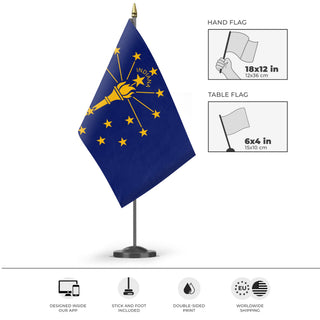 A mockup of the custom flag 'Indiana State Flag' as a desk flag and small hand waving flag