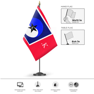 A mockup of the custom flag 'Interesting caoollea Korea flag' as a desk flag and small hand waving flag