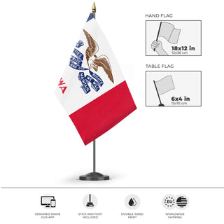 A mockup of the custom flag 'Iowa State Flag' as a desk flag and small hand waving flag