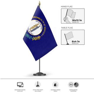 A mockup of the custom flag 'Kentucky State Flag' as a desk flag and small hand waving flag