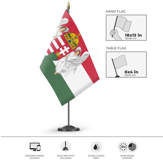 A mockup of the custom flag 'Kingdom Of Hungary Flag' as a desk flag and small hand waving flag