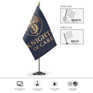 A mockup of the custom flag 'Knights of Care Vertical flag' as a desk flag and small hand waving flag