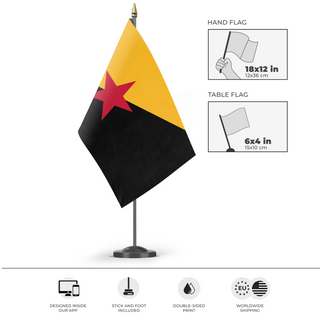 A mockup of the custom flag 'Left-Rothbardian flag' as a desk flag and small hand waving flag
