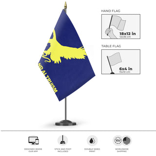A mockup of the custom flag 'Liberalist Flag' as a desk flag and small hand waving flag