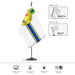A mockup of the custom flag 'Little Rock City Flag' as a desk flag and small hand waving flag