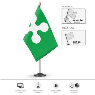 A mockup of the custom flag 'Lombardy Flag' as a desk flag and small hand waving flag