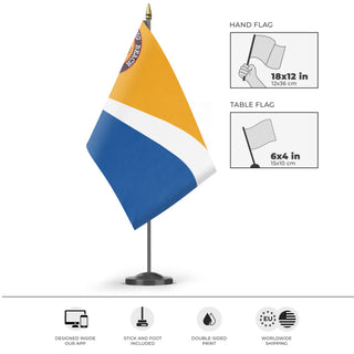 A mockup of the custom flag 'Long Beach City Flag' as a desk flag and small hand waving flag