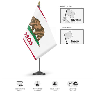 A mockup of the custom flag 'Los Osos flag' as a desk flag and small hand waving flag