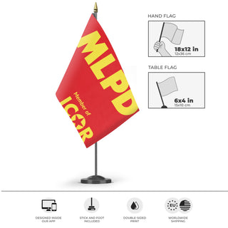 A mockup of the custom flag 'MLPD flag' as a desk flag and small hand waving flag