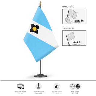 A mockup of the custom flag 'Madison City Flag' as a desk flag and small hand waving flag