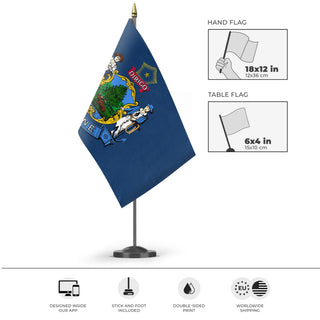 A mockup of the custom flag 'Maine State Flag' as a desk flag and small hand waving flag