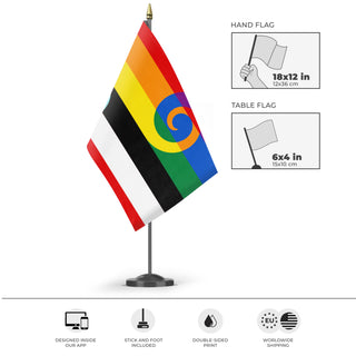 A mockup of the custom flag 'Maori Pride flag' as a desk flag and small hand waving flag