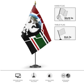 A mockup of the custom flag 'Martian Federation flag' as a desk flag and small hand waving flag