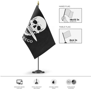 A mockup of the custom flag 'Me Ne Frego flag' as a desk flag and small hand waving flag