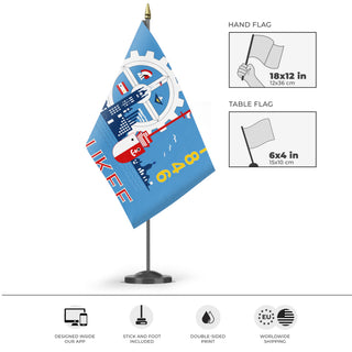 A mockup of the custom flag 'Milwaukee Flag' as a desk flag and small hand waving flag