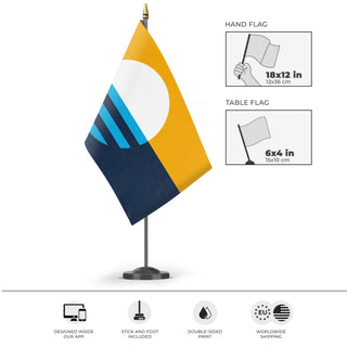 A mockup of the custom flag 'Milwaukee People's Flag' as a desk flag and small hand waving flag
