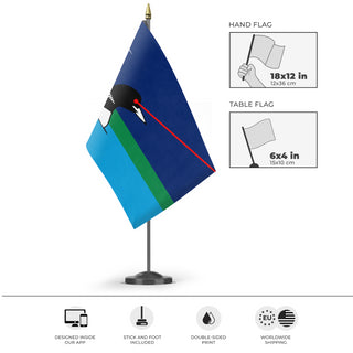 A mockup of the custom flag 'Minnesota Laser Loon flag' as a desk flag and small hand waving flag