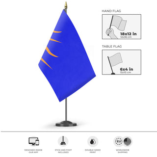 A mockup of the custom flag 'Modern Irish Sunburst flag' as a desk flag and small hand waving flag