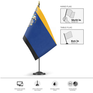 A mockup of the custom flag 'Most Serene Principality of Southern Zenia flag' as a desk flag and small hand waving flag