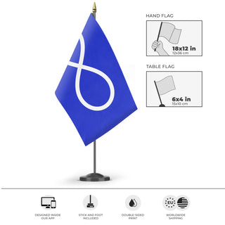 A mockup of the custom flag 'Métis Nation Flag' as a desk flag and small hand waving flag