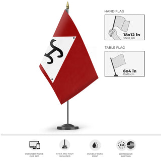 A mockup of the custom flag 'National Magdalo Katipunan Organiztion Offical flag' as a desk flag and small hand waving flag