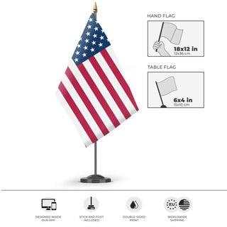A mockup of the custom flag 'Native American Flag' as a desk flag and small hand waving flag