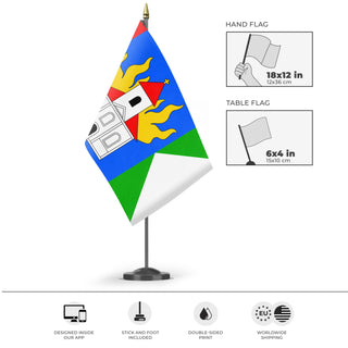 A mockup of the custom flag 'Novy Kostel flag' as a desk flag and small hand waving flag