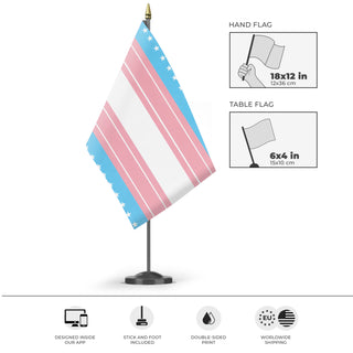 A mockup of the custom flag 'Objectively Correct America flag' as a desk flag and small hand waving flag