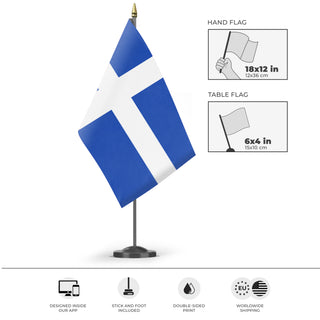 A mockup of the custom flag 'Old Greek Flag' as a desk flag and small hand waving flag