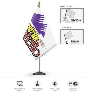 A mockup of the custom flag 'Old Pocatello Flag' as a desk flag and small hand waving flag