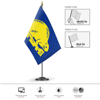 A mockup of the custom flag 'Oregon Beaver flag' as a desk flag and small hand waving flag