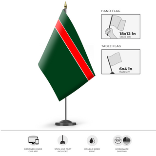 A mockup of the custom flag 'Pakistan empire flag' as a desk flag and small hand waving flag