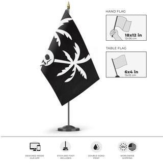 A mockup of the custom flag 'Pirate Palm Trees & Skull flag' as a desk flag and small hand waving flag