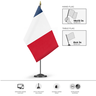 A mockup of the custom flag 'Plain France flag' as a desk flag and small hand waving flag