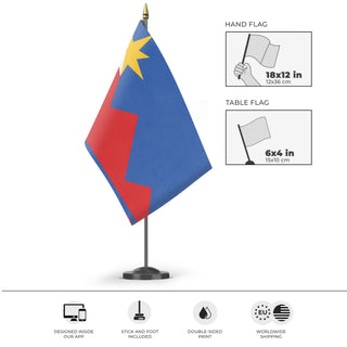 A mockup of the custom flag 'Pocatello, Idaho Flag' as a desk flag and small hand waving flag