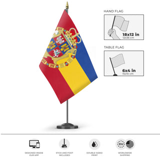 A mockup of the custom flag 'Poland-Lithuanian-Romanian Commonwealth flag' as a desk flag and small hand waving flag