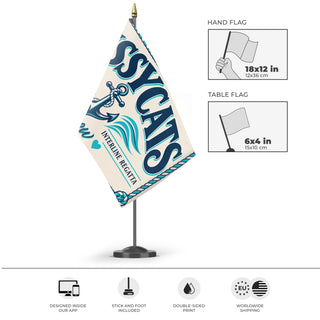 A mockup of the custom flag 'Pussycats Regatta flag' as a desk flag and small hand waving flag