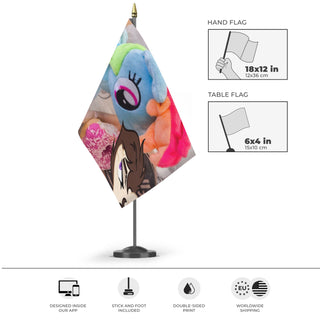 A mockup of the custom flag 'RainbowEatingDount' as a desk flag and small hand waving flag