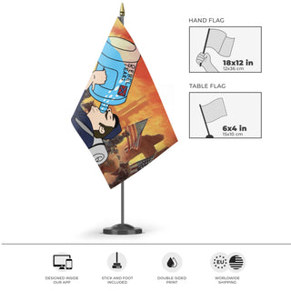 A mockup of the custom flag 'Rebel Tears flag' as a desk flag and small hand waving flag
