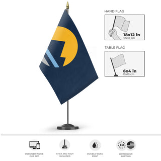 A mockup of the custom flag 'Reno City Flag' as a desk flag and small hand waving flag