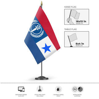 A mockup of the custom flag 'Republic of the fatherland flag' as a desk flag and small hand waving flag
