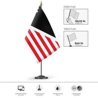A mockup of the custom flag 'Revolutionary States flag' as a desk flag and small hand waving flag