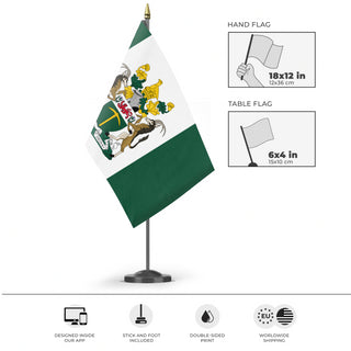 A mockup of the custom flag 'Rhodesia flag' as a desk flag and small hand waving flag