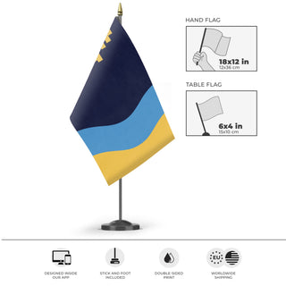 A mockup of the custom flag 'Riverside City Flag' as a desk flag and small hand waving flag