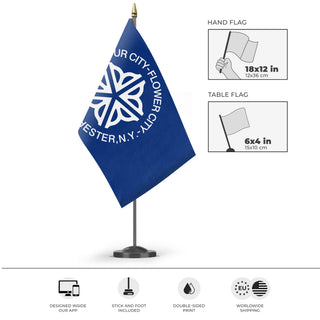 A mockup of the custom flag 'Rochester City Flag' as a desk flag and small hand waving flag