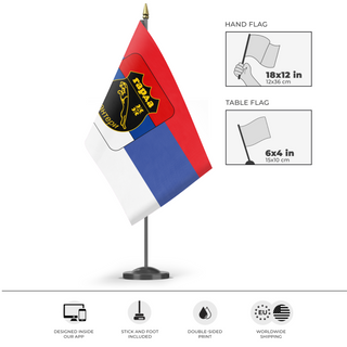 A mockup of the custom flag 'Roki Vulovic garda Panteri Flag' as a desk flag and small hand waving flag